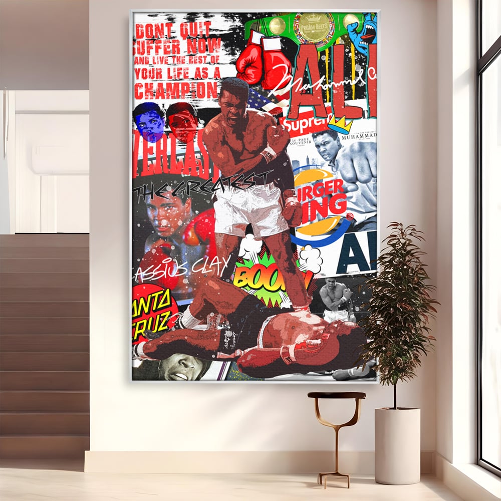 Tablou canvas cu tablou canvas cu muhammad ali in box, in rama de aluminiu argintiu